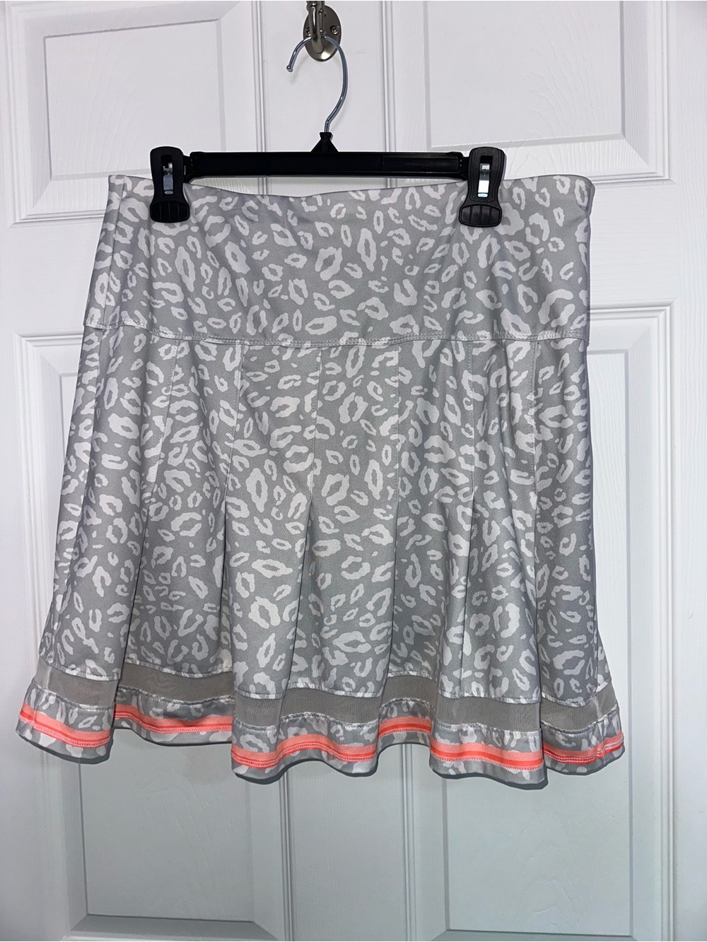 Lucky in Love Gray Leopard Print Skater Skirt with Coral Trim